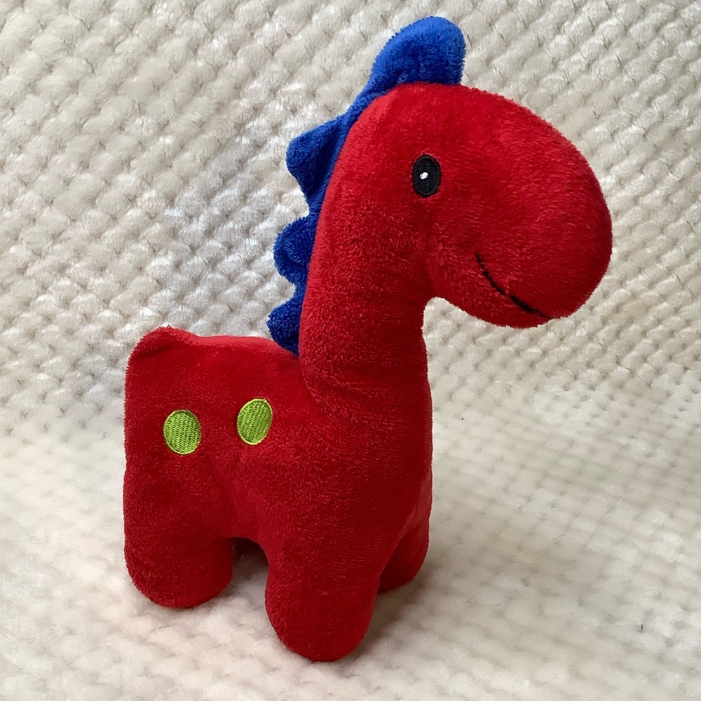 GITZY Plush Red Dinosaur Rattle Blue Spikes Green Spots Stuffed Animal Toy